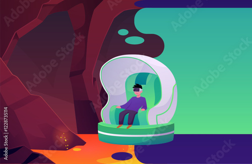 Vector image of a teenager in a virtual reality ride on a moving chair.