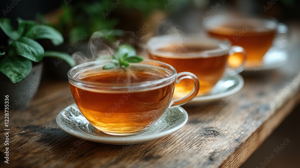 Steaming herbal tea cups on wooden table, plants background Steaming herbal tea cups on wooden table, plants background