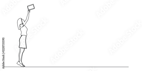 continuous line of woman standing on tiptoe and taking a book.one line drawing of woman taking a book on a high place.single line vector illustration.isolated white background