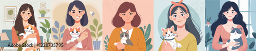 vector set of female characters holding a cat