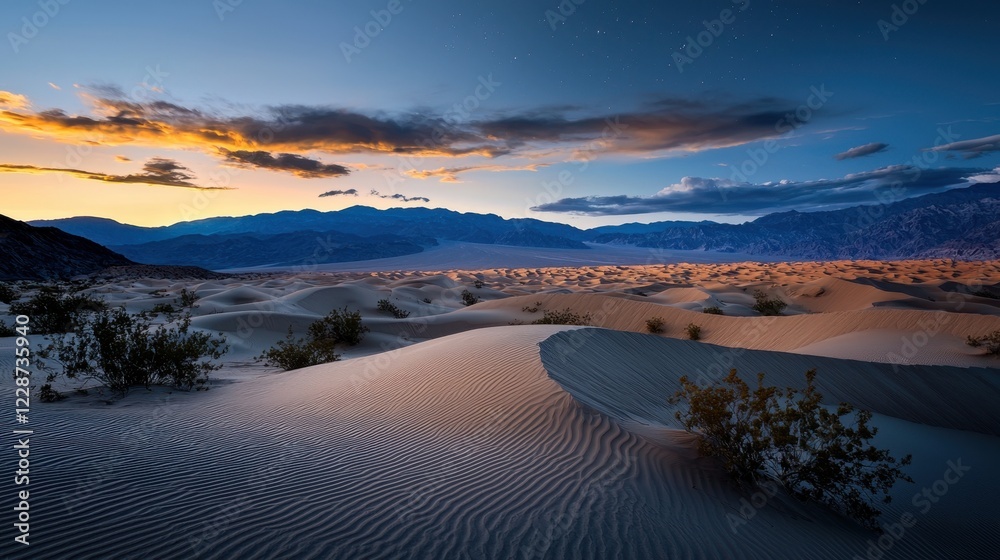 A desert landscape with a beautiful sunset in the background A desert landscape with a beautiful sunset in the background
