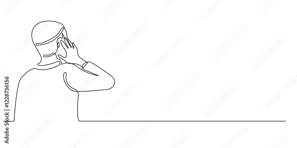 continuous line drawing male Muslim echoes adzan.drawing of one line of the call to prayer calling other Muslims when prayer time arrives.single line vector illustration. continuous line drawing male Muslim echoes adzan.drawing of one line of the call to prayer calling other Muslims when prayer time arrives.single line vector illustration.