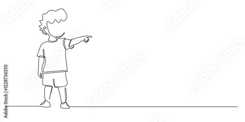 continuous line of boy pointing with finger.one line drawing of boy character pointing towards right.single line vector illustration.isolated white background