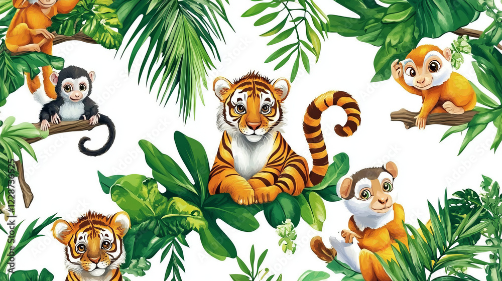 Fototapeta premium cute baby tigers and monkeys in tropical jungle illustration for seamless pattern nursery wall art and cartoon animal clipart