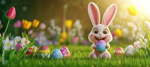 Happy Easter Greeting Card Cute Smiling Bunny Pink Ears Holding Egg Green Grass Tulips Snowdrops Eggs