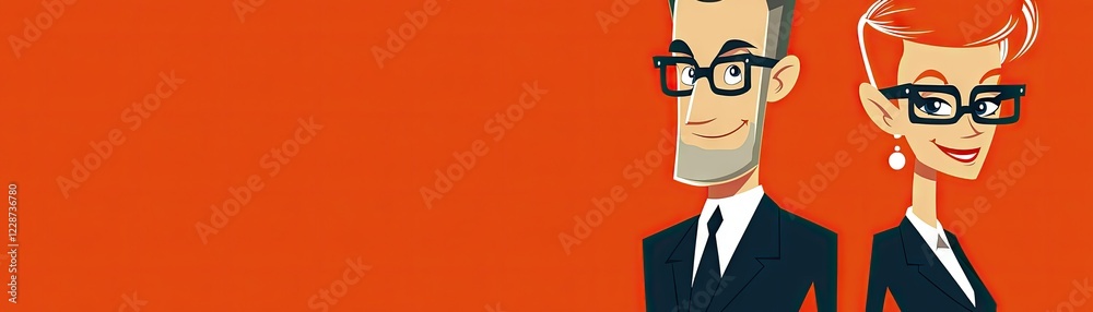 Cartoon business couple, orange background, teamwork Cartoon business couple, orange background, teamwork
