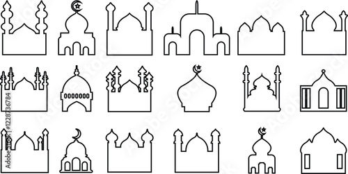 Mosque Building icon in line set vector for apps or web design template of the futuristic mosque and Ramadhan kareem islamic culture with beautiful moon light isolated on transparent background