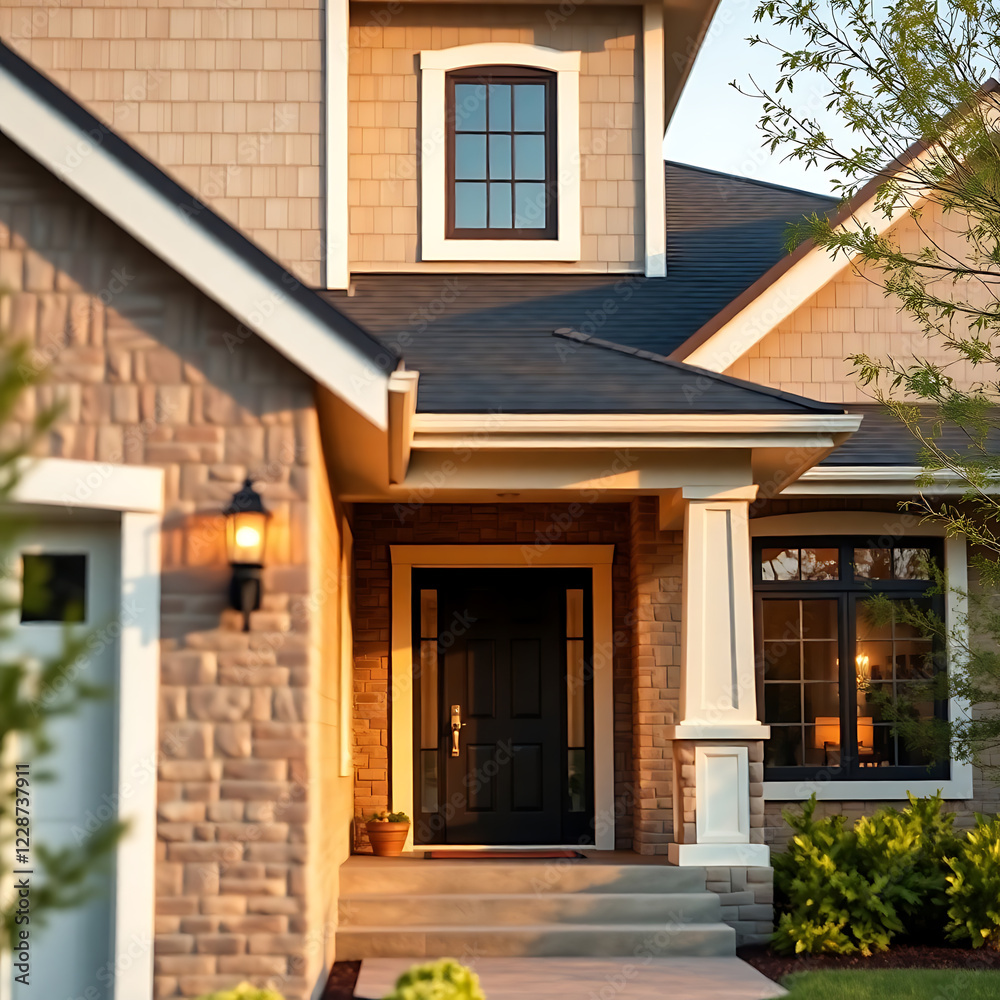 Obraz premium Stunning Modern Home Exterior: Brick Facade, Evening Light