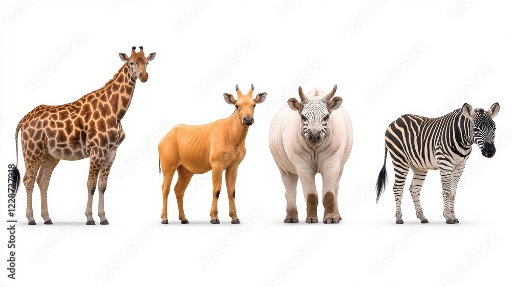 Obraz premium Diverse Group of Animals: Giraffe, Deer, Cow, and Zebra in Profile Against White Background