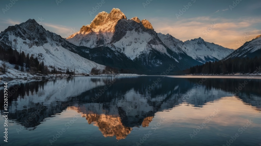 Naklejka premium Majestic mountain peaks covered in snow reflected on a tranquil lake at sunset