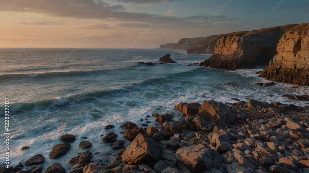 Coastal Cliffs and Ocean Waves at Sunset with Rocky Shoreline View at Dusk Coastal Cliffs and Ocean Waves at Sunset with Rocky Shoreline View at Dusk