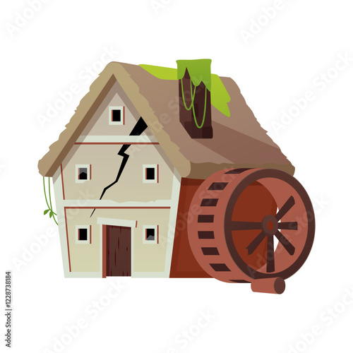 Vector illustration of an abandoned water mill on an isolated background.