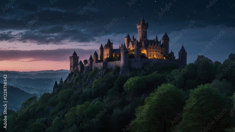 Obraz premium Majestic castle atop hill illuminated under twilight and starry sky at night with forest and mountains