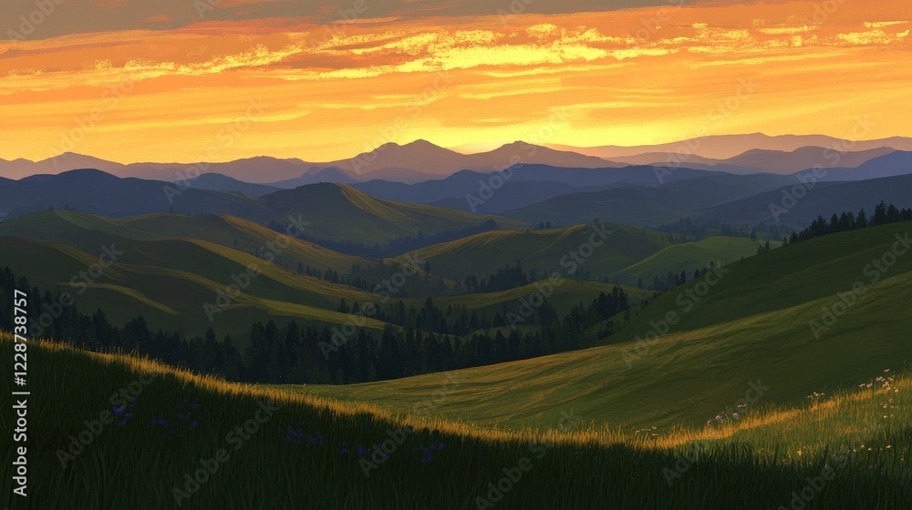 Serene sunset over rolling green hills with distant mountains under a colorful sky Serene sunset over rolling green hills with distant mountains under a colorful sky
