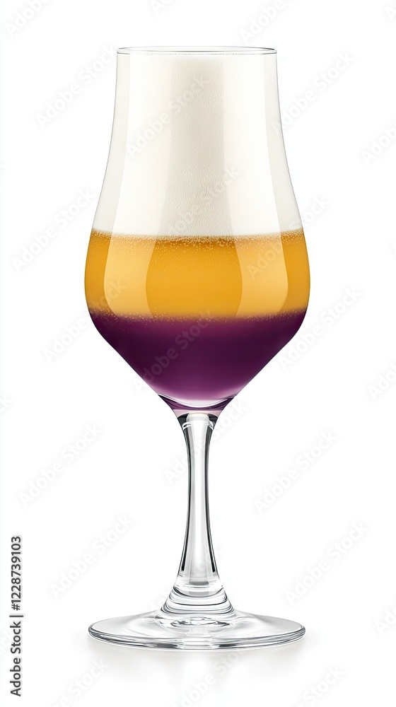 Layered beverage in glass, creamy top, white background, drink recipe Layered beverage in glass, creamy top, white background, drink recipe