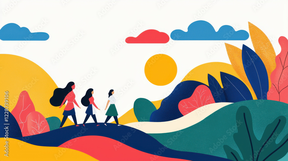 custom made wallpaper toronto digitalA colorful illustration of three women walking together in a vibrant landscape under a bright sun, surrounded by stylized plants and hills.