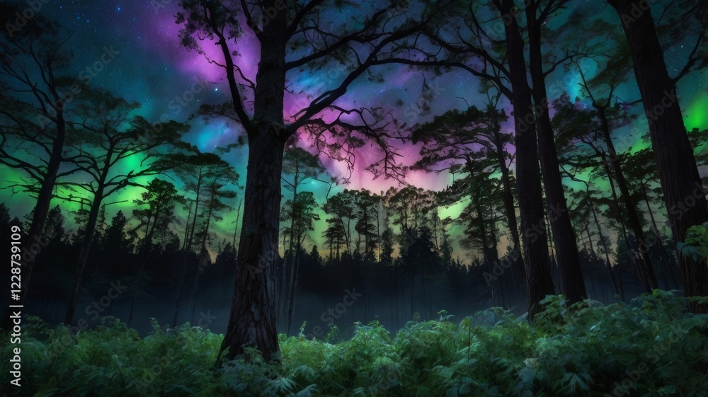 Fototapeta premium Enchanted Forest Under Aurora Borealis Night Sky With Tall Trees and Green Foliage
