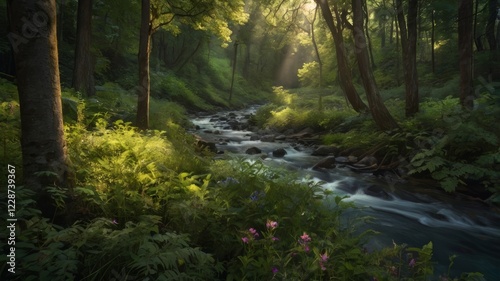 Lush Forest Stream with Sunlight Shining Through the Canopy creating a serene atmosphere