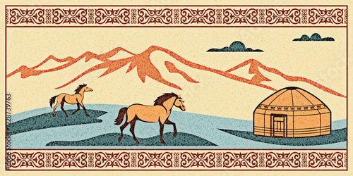 Ethnic illustration, traditions and patterns of Central Asia, yurt and horses, vector design
