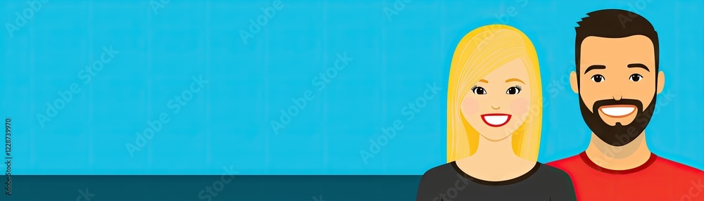 Happy couple portrait, teal background, website header Happy couple portrait, teal background, website header