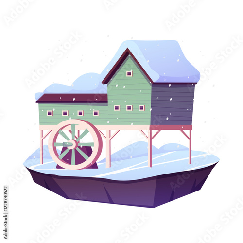Water mill on piles on floating land island in winter flat vector icon, vintage wooden house with wheel and snowdrifts