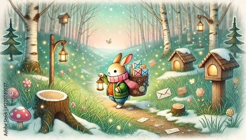 A whimsical and heartwarming horizontal storybook scene featuring a rabbit mail carrier delivering glowing letters in a springtime forest