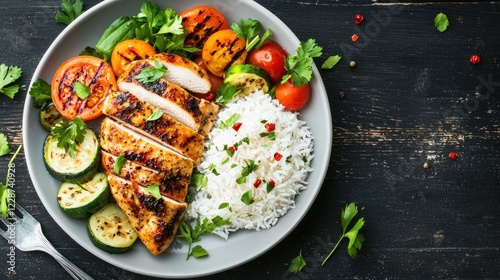 A Juicy Grilled Chicken Breast with Steamed Vegetables and Rice