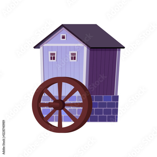 Water mill vector flat icon, vintage blue stone and wooden house with wheel to grind flour using river stream hydropower