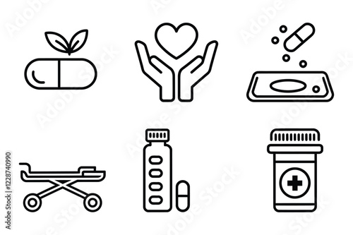 Medical line icon set with 6 healthcare elements in EPS format, pharmacy medicine symbols including pill bottle and capsule, hospital equipment graphics with gurney and heart care imagery