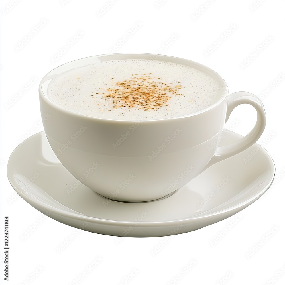 Creamy hot beverage in white cup, saucer, spice sprinkle; cafe menu image Creamy hot beverage in white cup, saucer, spice sprinkle; cafe menu image