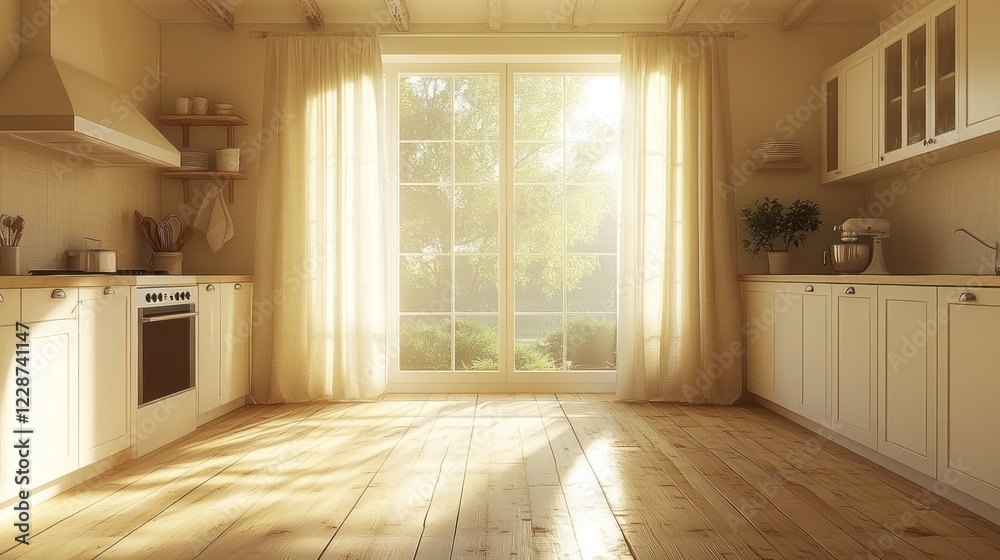 Obraz premium Sunlit kitchen, morning light, garden view, home design