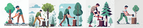 vector of young man cutting down a tree