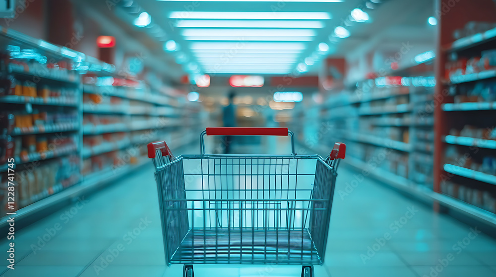 and clean supermarket with an empty cart in focus, ready for a customer to start their shopping journey and clean supermarket with an empty cart in focus, ready for a customer to start their shopping journey