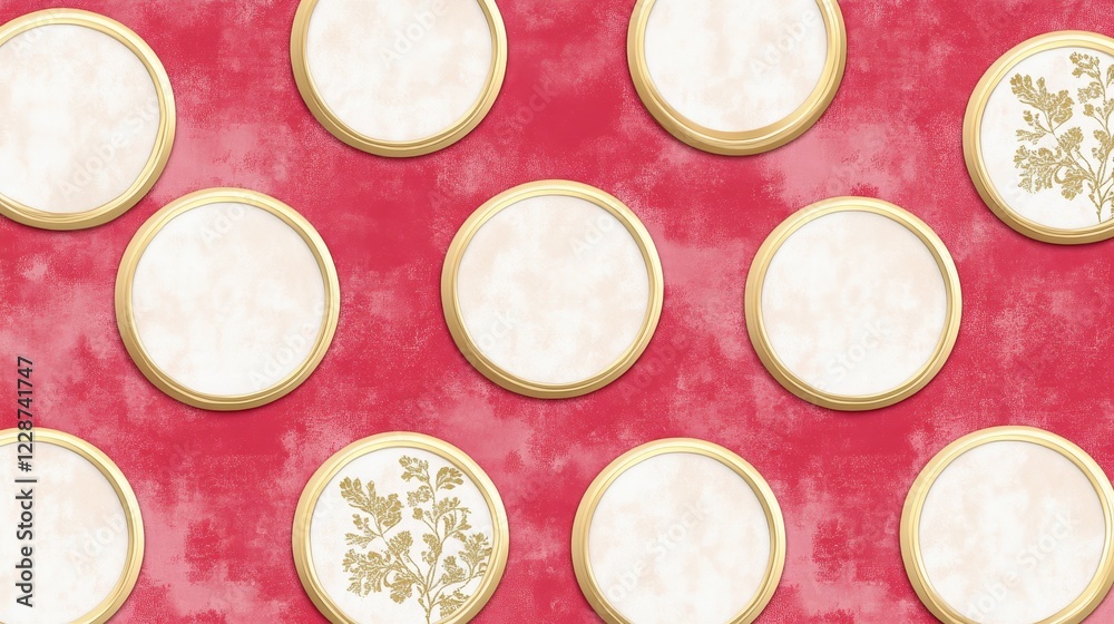 Gold Framed Circles on Red Watercolor Background Gold Framed Circles on Red Watercolor Background