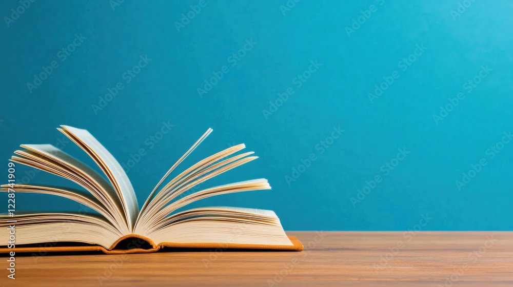 An open book rests on a wooden surface against a vibrant blue background, inviting readers to explore its pages. An open book rests on a wooden surface against a vibrant blue background, inviting readers to explore its pages.