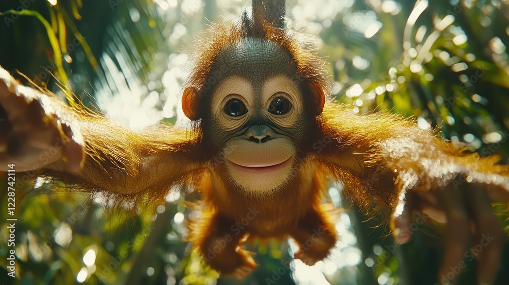 Obraz premium Orangutan swinging, jungle, rainforest, playful, conservation.