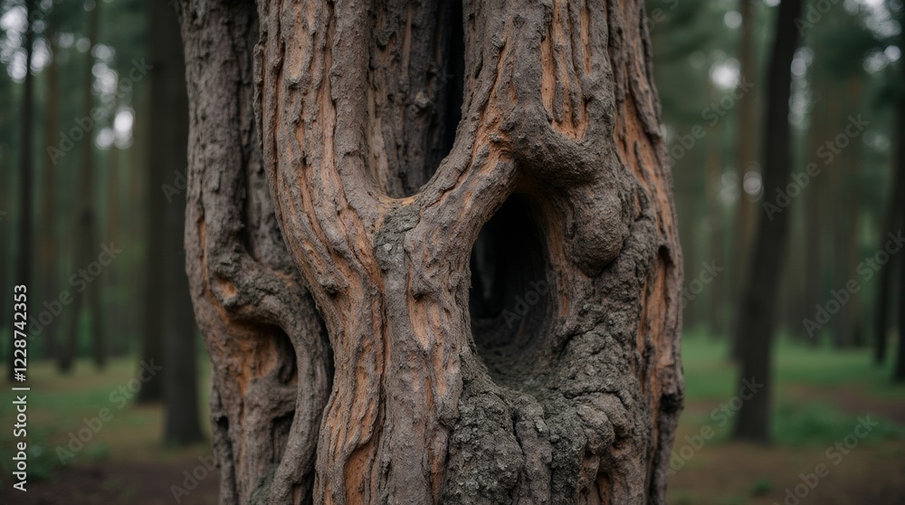 Close-up of a large, ancient tree trunk with rugged, weathered bark and visible knots Close-up of a large, ancient tree trunk with rugged, weathered bark and visible knots
