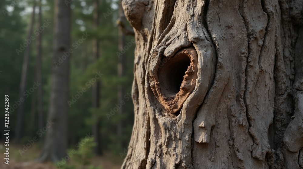 Close-up of a large, ancient tree trunk with rugged, weathered bark and visible knots Close-up of a large, ancient tree trunk with rugged, weathered bark and visible knots