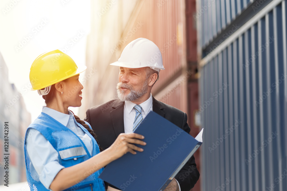Senior businessman manager and asian woman worker working at container cargo site control loading containers boxes and checking up goods and shipping containers Senior businessman manager and asian woman worker working at container cargo site control loading containers boxes and checking up goods and shipping containers