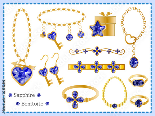 ジュエリー■青色の宝石のアクセサリーセット（ゴールド）