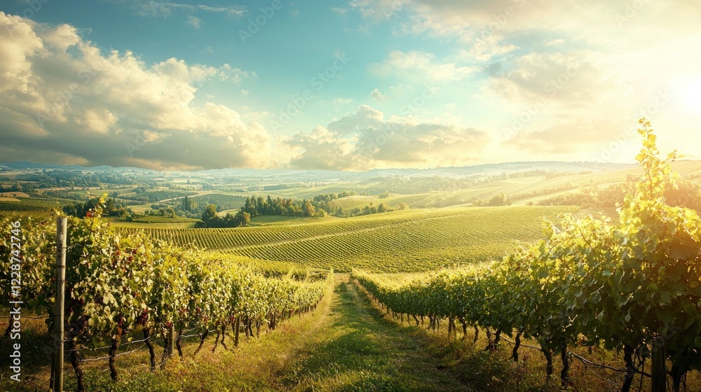 Fototapeta premium A Quiet Vineyard Surrounded by Hills with Grapevines Ripe for Harvesting