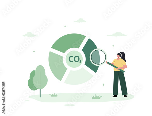 CO2 neutral. Net zero emissions and carbon dioxide balance. Eco industrial development concept. Female character with magnifier. Vector illustration in flat cartoon style.
