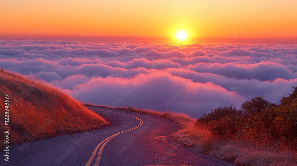 Fototapeta premium A winding road ascends into dreamy clouds, creating a mystical landscape at twilight, evoking a sense of serenity, exploration, and reflection with a modern minimalistic tone and blurred background