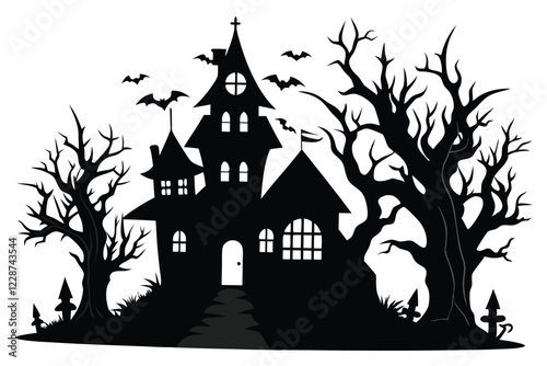 A black silhouette haunted house on a white background
