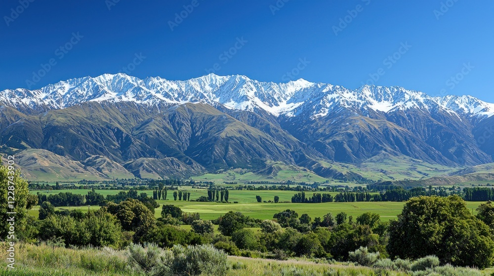 Naklejka premium A Serene Mountain Landscape with Snow-Capped Peaks and Clear Blue Skies