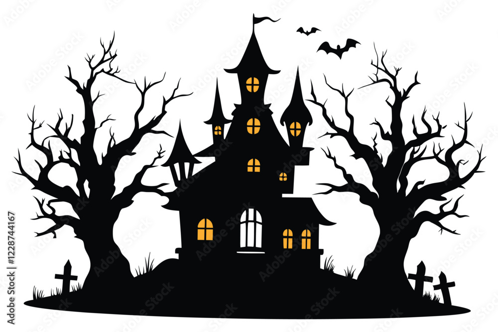 A black silhouette haunted house on a white background A black silhouette haunted house on a white background