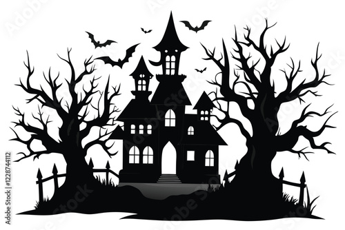 A black silhouette haunted house on a white background