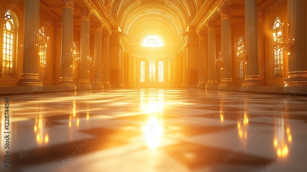 Sunlit Palace Hallway, Marble Floor, Golden Columns, Event Background Sunlit Palace Hallway, Marble Floor, Golden Columns, Event Background