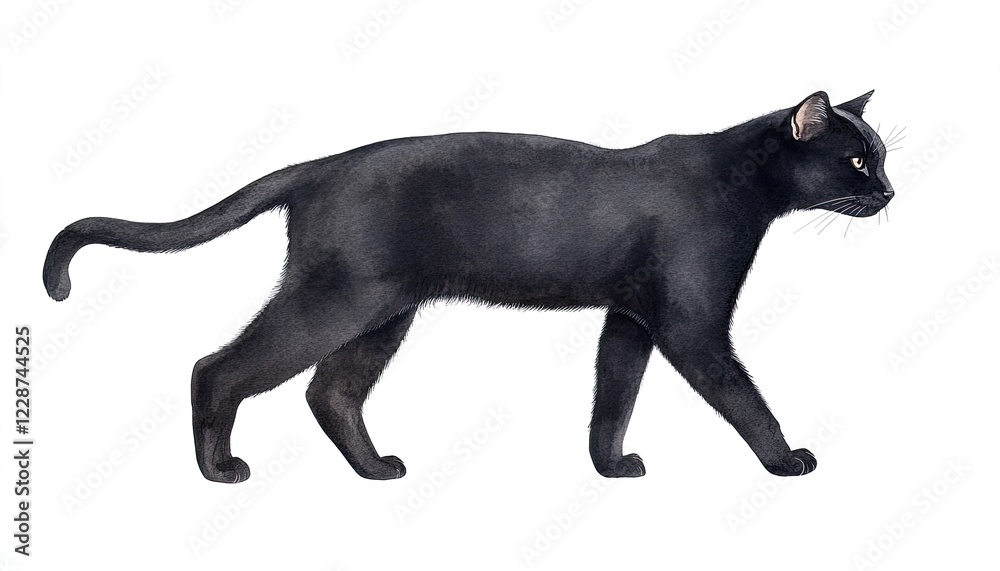 A sleek black cat walking gracefully across a white background, showcasing its elegant posture A sleek black cat walking gracefully across a white background, showcasing its elegant posture