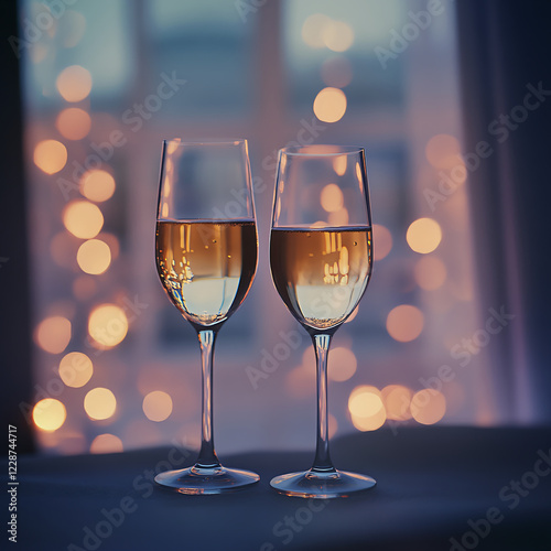 Two elegant champagne glasses glowing with soft bokeh in the background. photo